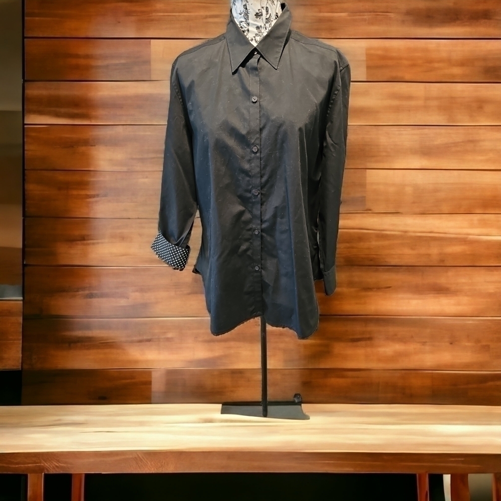 Ralph Lauren black button down LS cotton top blouse sz L N…